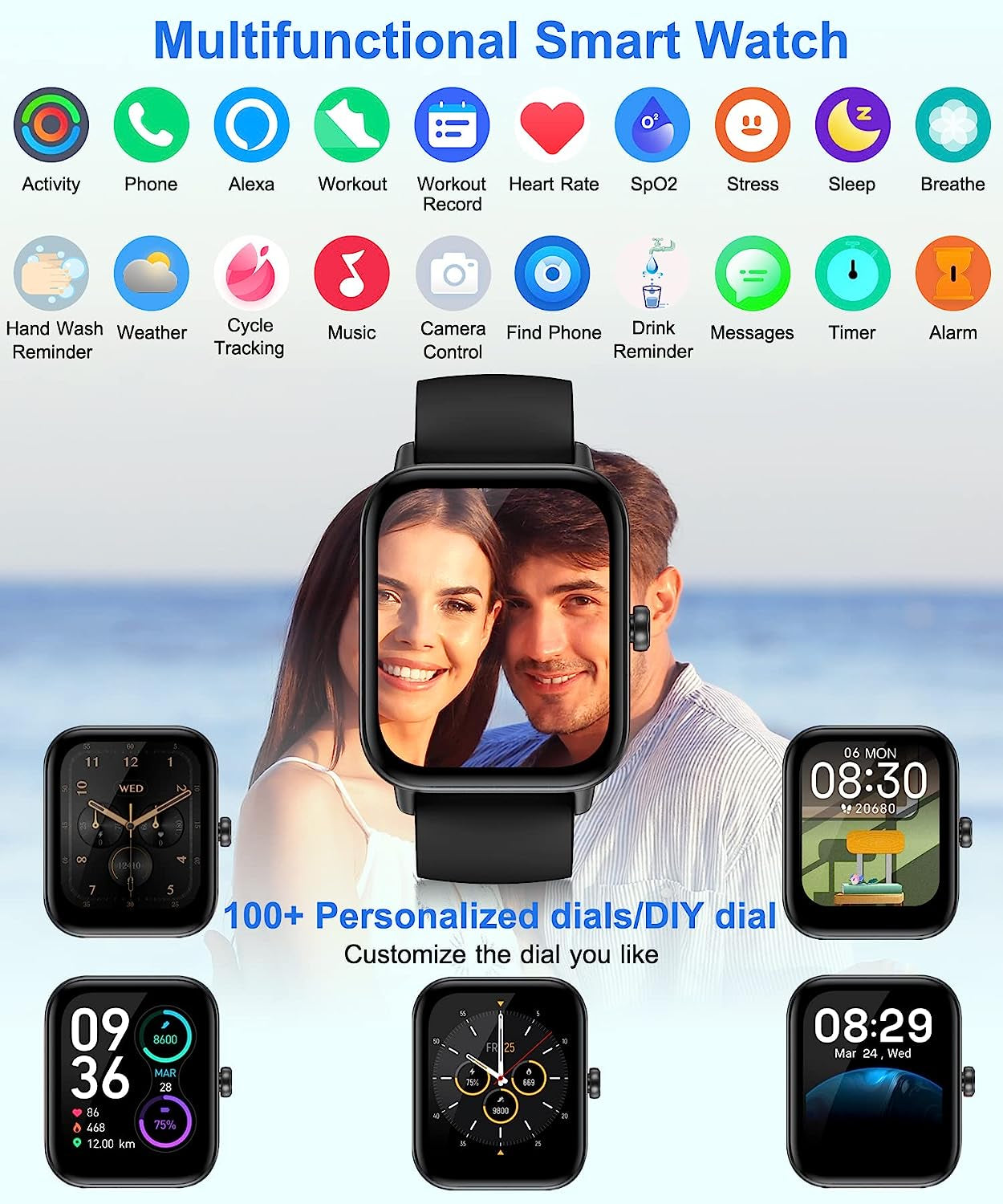 Smart Watch for Men Women with Bluetooth Call, Alexa Built-In1.8 DIY Dial with Blood Oxygen Heart Rate Sleep Fitness Tracker Notification Weather 100 Sport Modes Smartwatch for Android Ios Phone